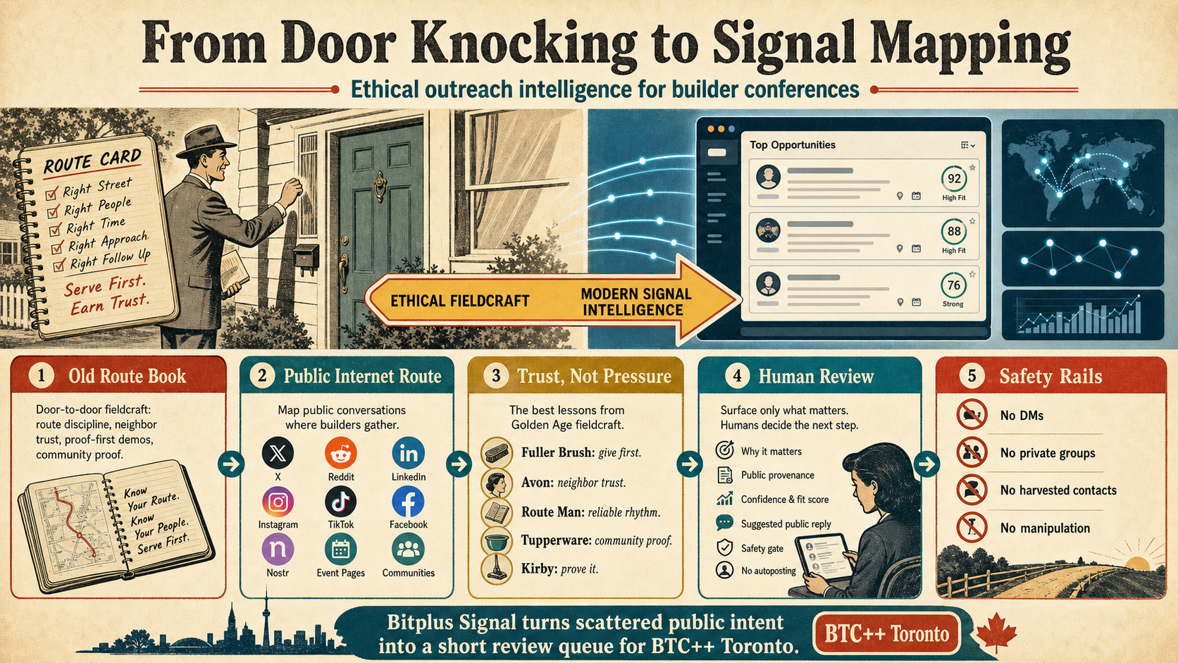 Infographic showing door-to-door route cards becoming public internet signal mapping.